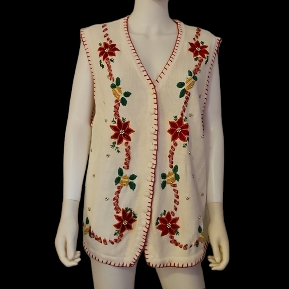VTG BP DESIGN Poinsetta Embroidered Ugly Christmas Waistcoat Sweater Vest - Picture 1 of 9